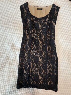 Club Monaco Black Lace Overlay Midi Dress with Nude Lining